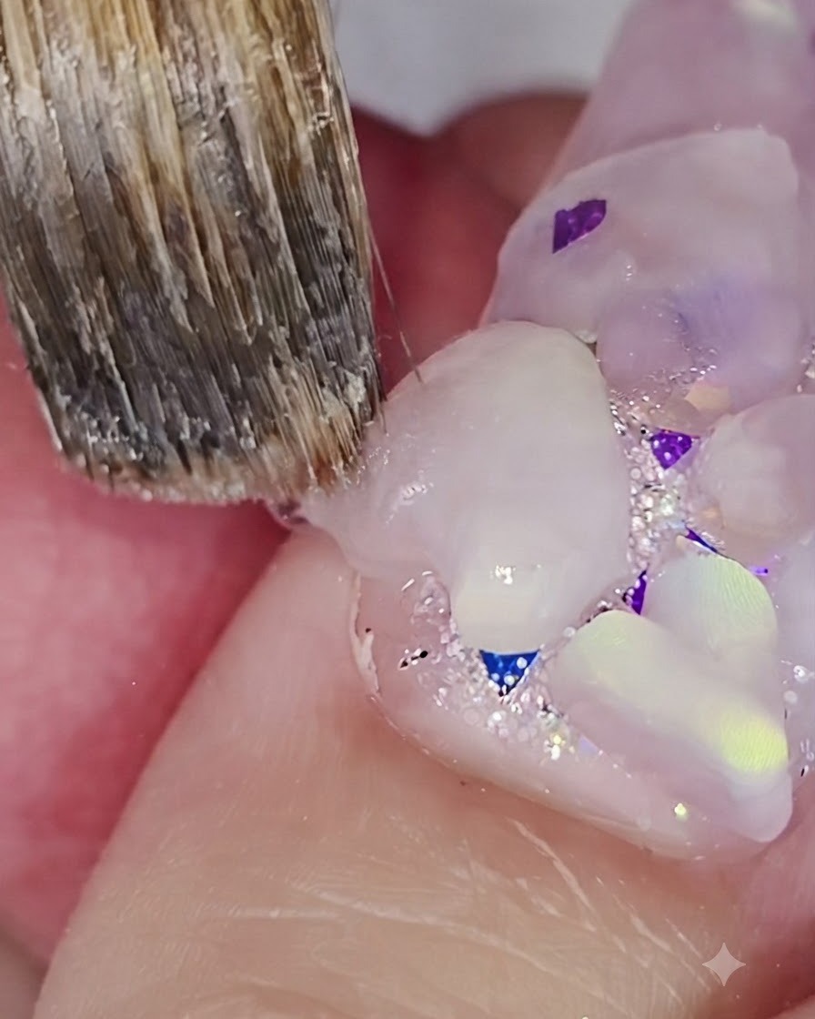 Un pincel detallando y afilando los bordes de un corazón acrílico 3D en una uña.
