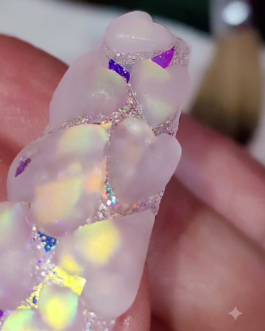 Toma macro de pequeños corazones acrílicos esculpidos que rellenan los espacios entre las formas de cristal más grandes.