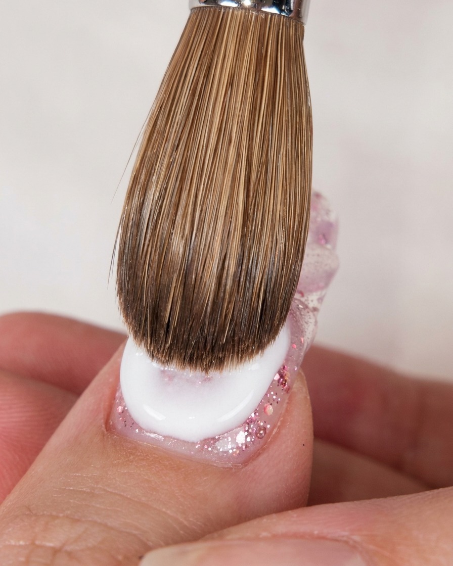 Un pincel grande aplicando una perla húmeda de acrílico blanco sobre una uña transparente con glitter rosa encapsulado.