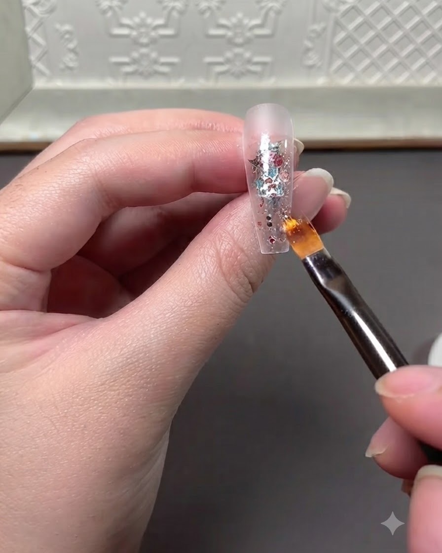 Un pincel aplicando un gel sellador transparente de refuerzo sobre la capa de glitter incrustado en la extensión de la uña.