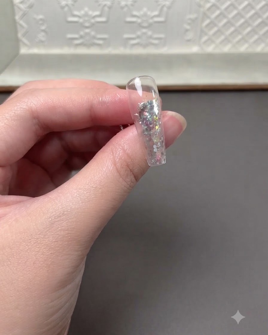 Una extensión de uña transparente que muestra glitter incrustado con un sticker negro en forma de corazón colocado encima.