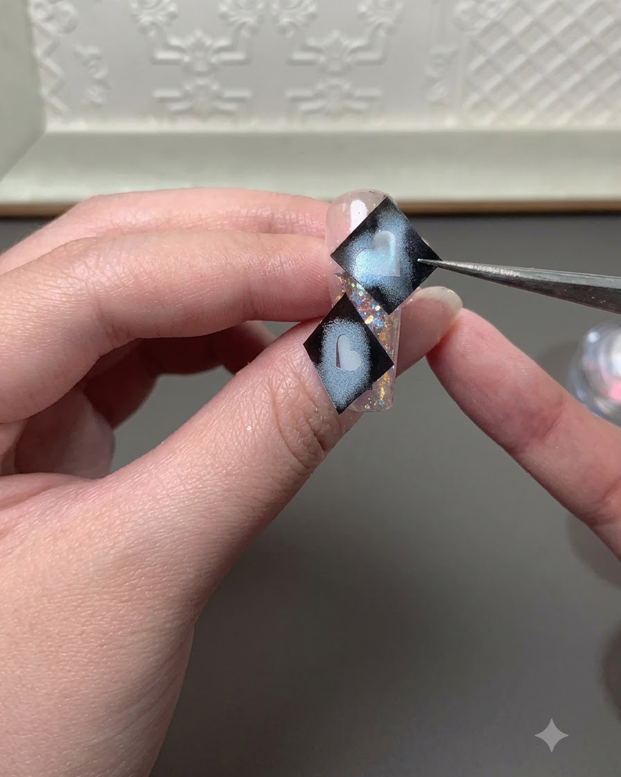 Un pincel delineador fino rellenando con gel azul claro el interior de una forma de corazón en una uña.