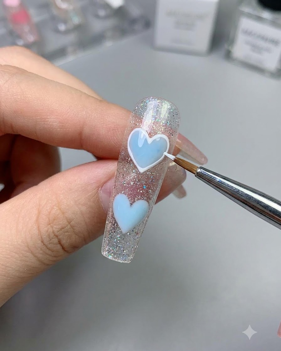Un pincel fino usando gel de dibujo blanco para delinear los bordes de un corazón celeste.