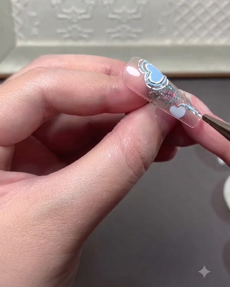 Un primer plano de la punta de una uña que muestra líneas de acento refinadas y pequeños detalles de corazones dibujados con gel en relieve.