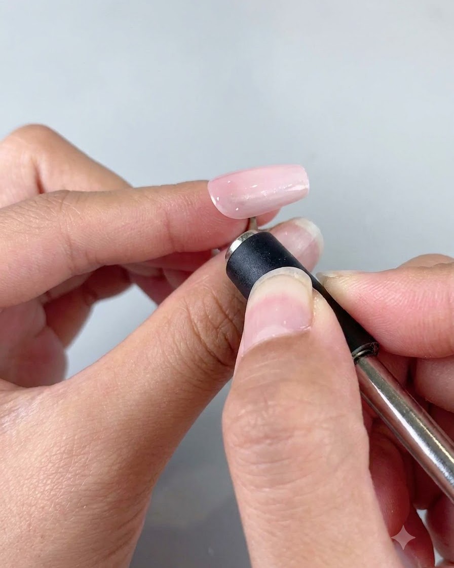 Una mano usando un pequeño imán cilíndrico sobre la uña para manipular las partículas del gel ojo de gato.