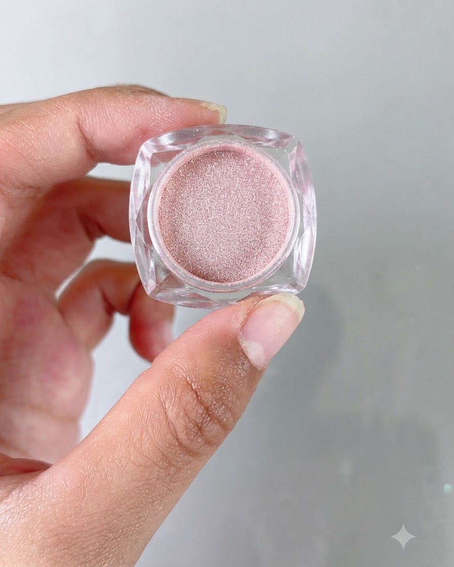 Primer plano de un frasco pequeño que contiene polvo espejo cromado de color melocotón claro sostenido en la mano.
