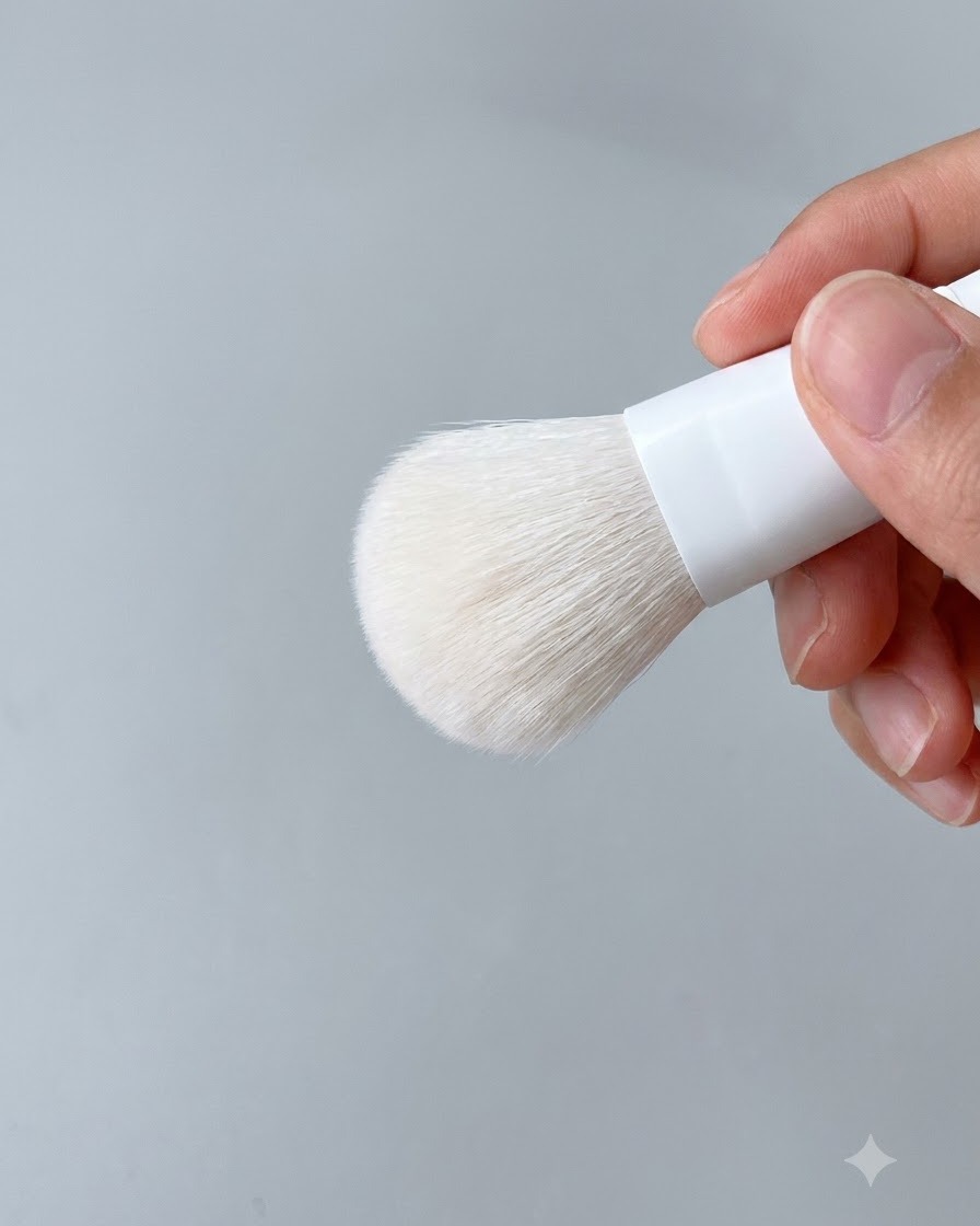 Una mano sosteniendo un cepillo blanco y esponjoso para quitar el polvo de las uñas, lista para barrer el exceso de polvo espejo.