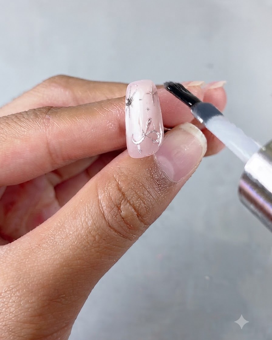 Un pincel de uñas aplicando una capa final de top coat brillante sobre el primer diseño de uña completado.