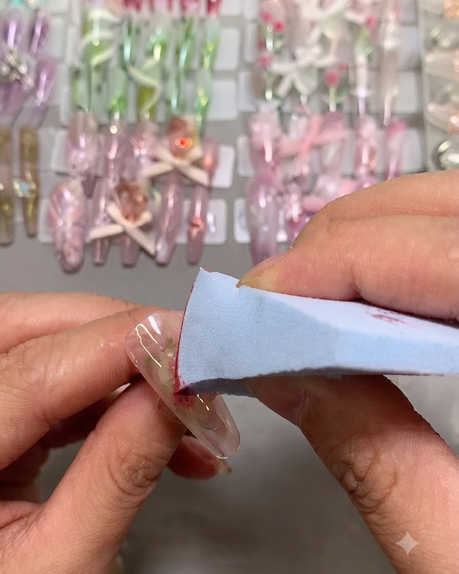 Una esponja de maquillaje aplicando gel rosa en el centro de una uña para formar un efecto rubor.