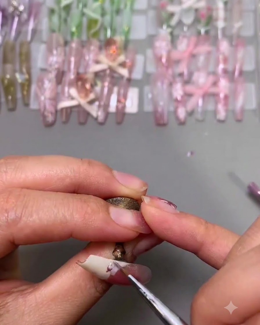 Una herramienta de detalle fino aplicando pequeños pétalos rosados sobre la punta blanca de una uña.