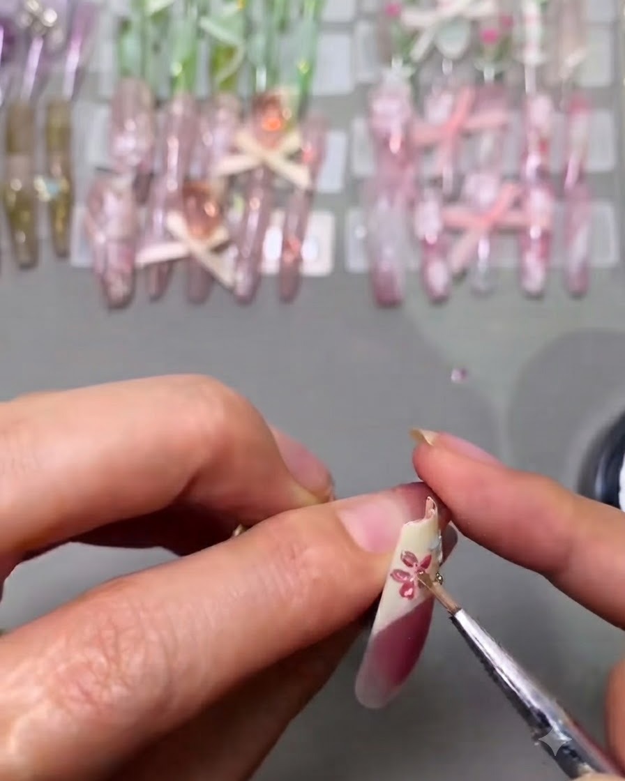 Un primer plano detallado de una artista de uñas aplicando gel transparente espeso sobre diseños florales pintados en azul y amarillo.