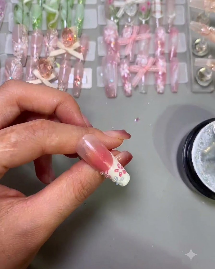 Un par de pinzas sosteniendo una perla diminuta blanca sobre el centro de gel húmedo de una flor de uña 3D rosada.