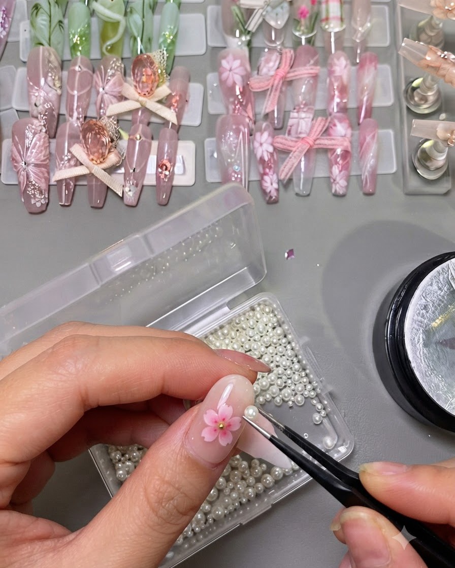 Una mano usando pinzas para seleccionar perlas de una rueda de almacenamiento para decorar múltiples diseños de uñas florales.