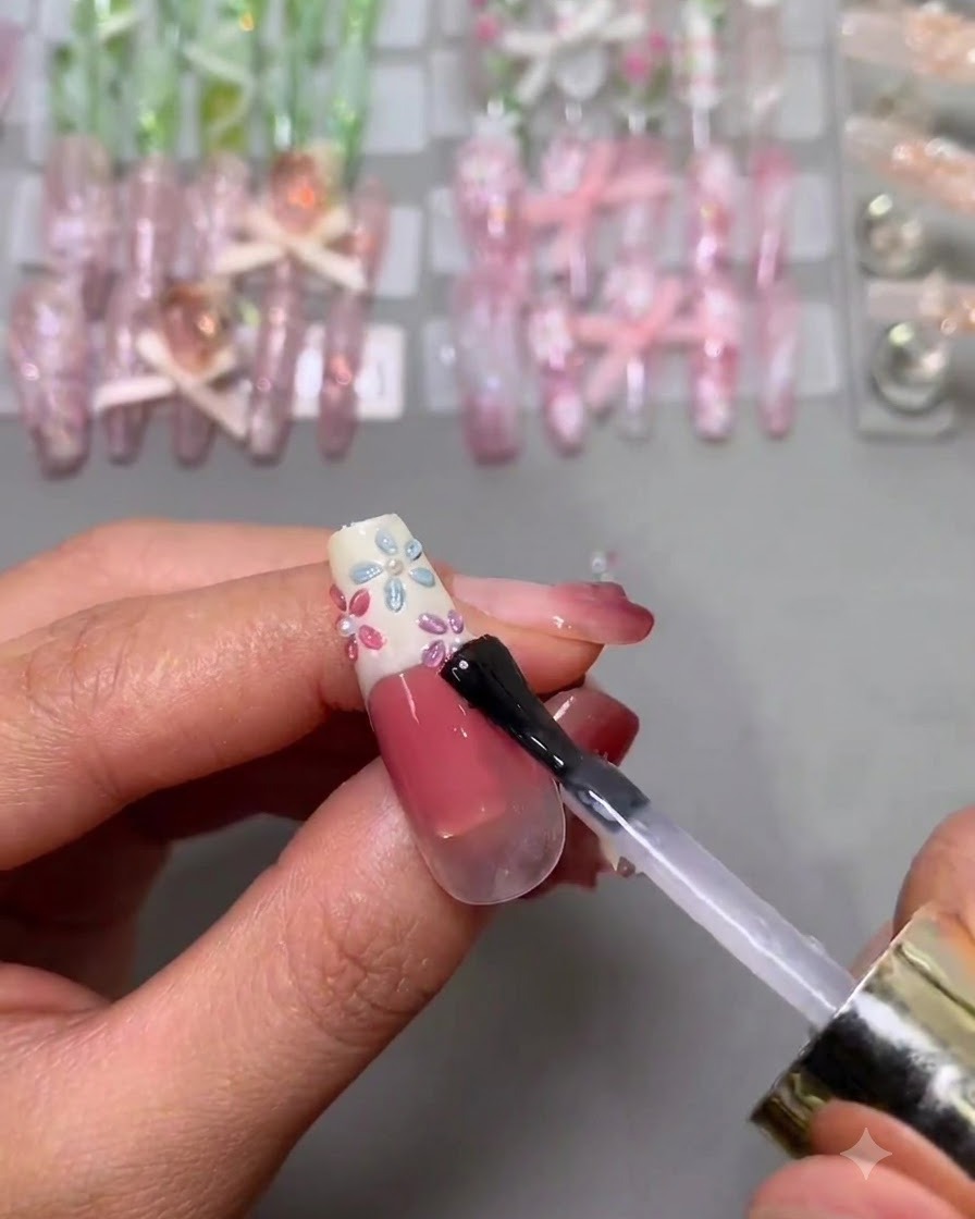 Un pincel aplicando una capa final de esmalte de acabado transparente y brillante sobre una uña completa decorada con flores y perlas.