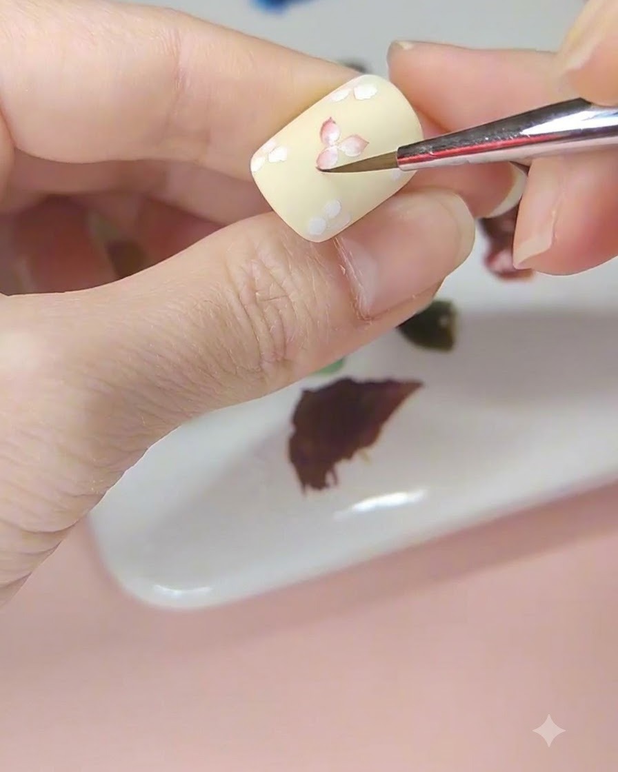 Un pincel de nail art tiñendo el centro de una flor blanca con acuarela roja sobre una uña amarilla.