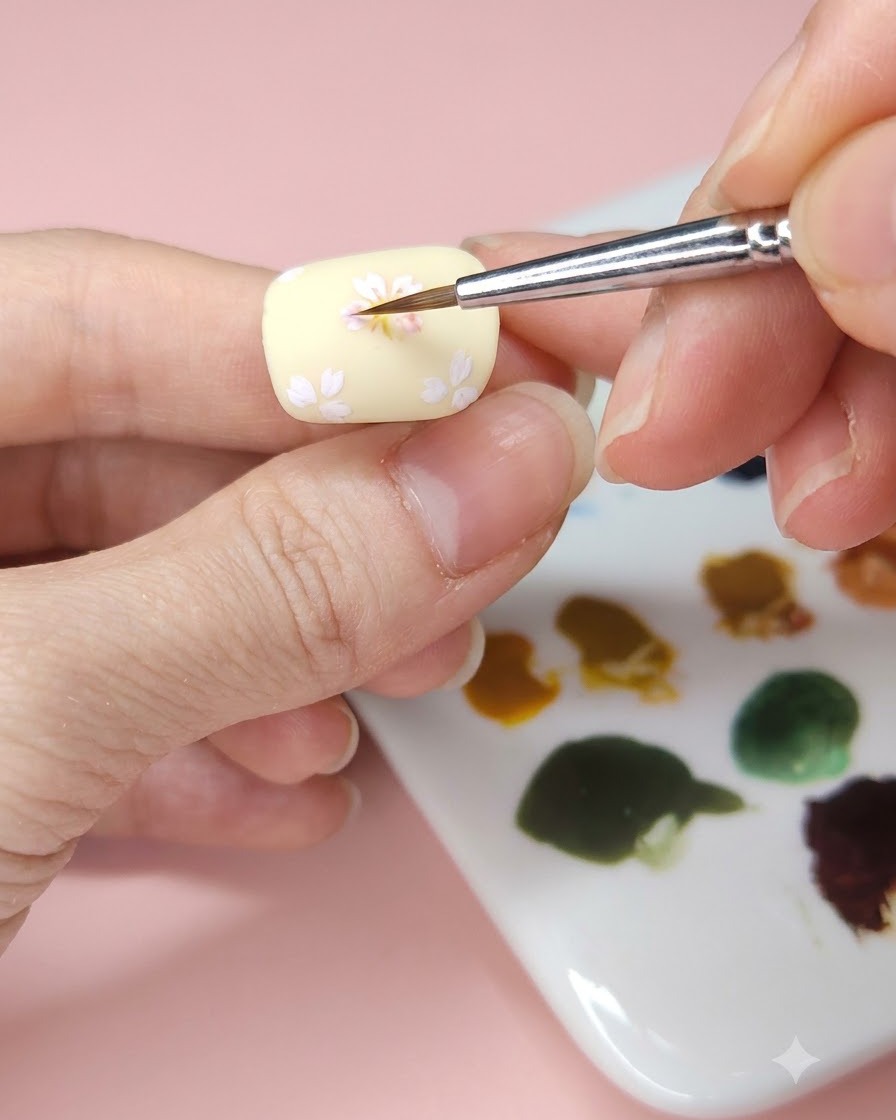 Un pincel fino de nail art aplicando acuarela azul claro sobre una uña amarilla pálida.