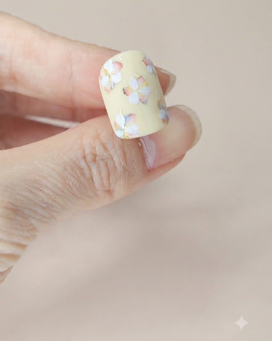 Una superficie de uña cubierta con una capa fresca de top coat mate, mostrando el suave arte floral texturizado.
