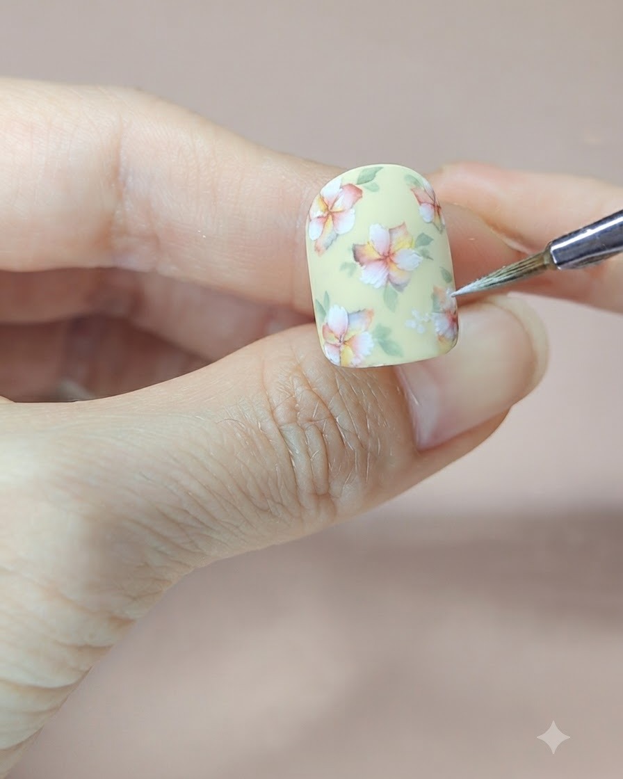 Un artista de uñas refinando los bordes de las hojas verdes y añadiendo pequeños puntos blancos en los centros de las flores.