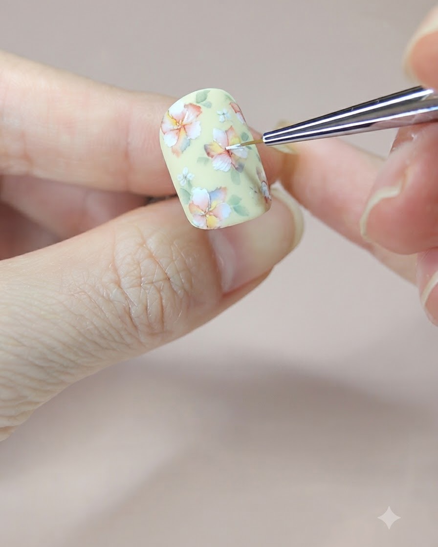 Un pincel fino de nail art colocando un punto de gel blanco en el centro de una flor pintada.