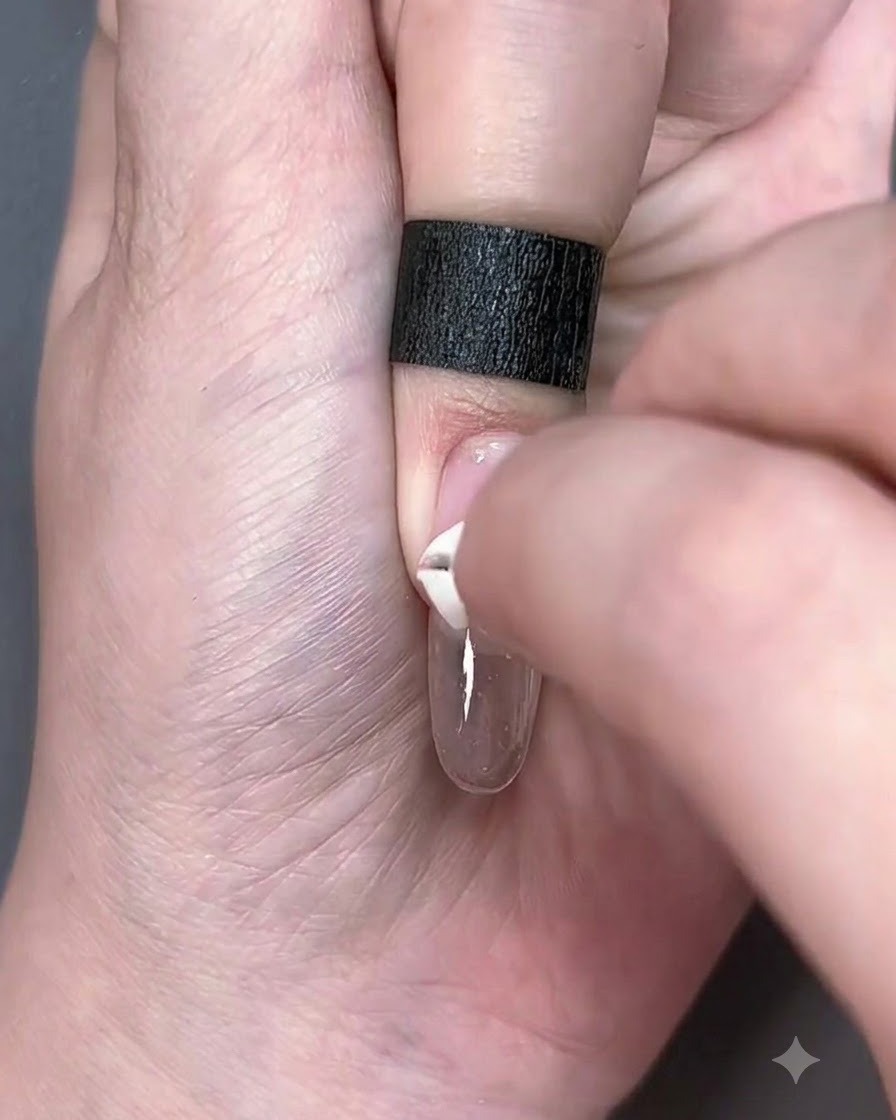 Primer plano de una pequeña esponja blanca aplicando gel rosa a toquecitos sobre un tip transparente.