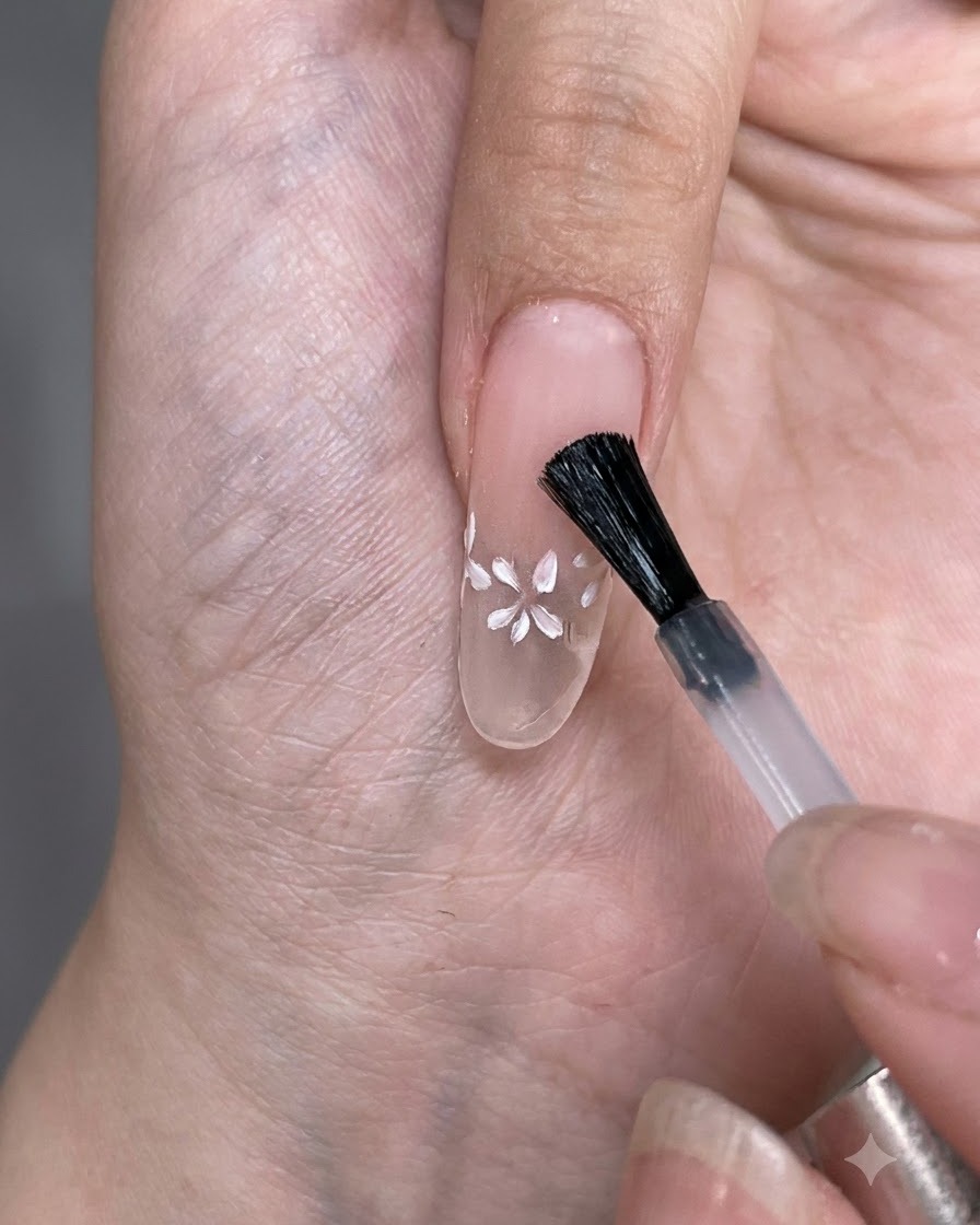Pincel aplicando una capa de top coat mate sobre un tip transparente con pequeñas flores blancas pintadas.