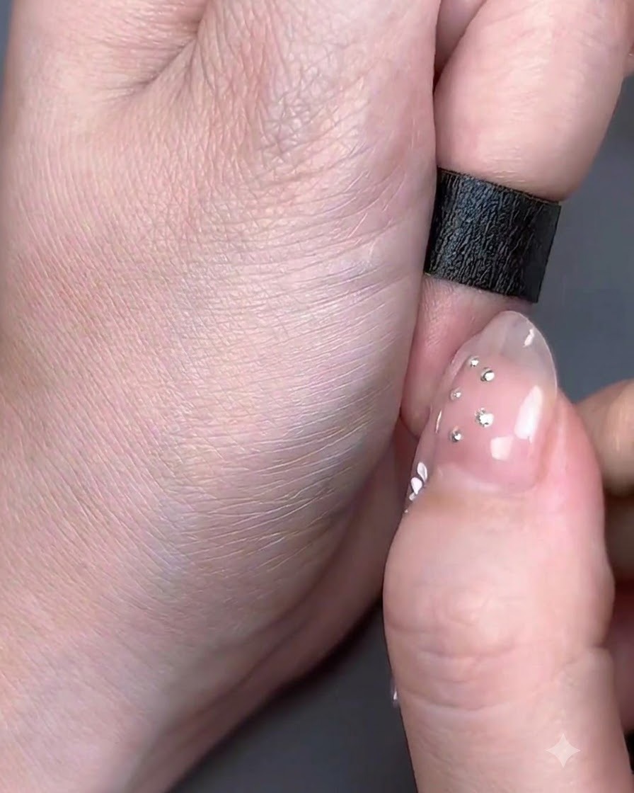 Mano trabajando en detalles intrincados de nail art sobre una uña con punta transparente.