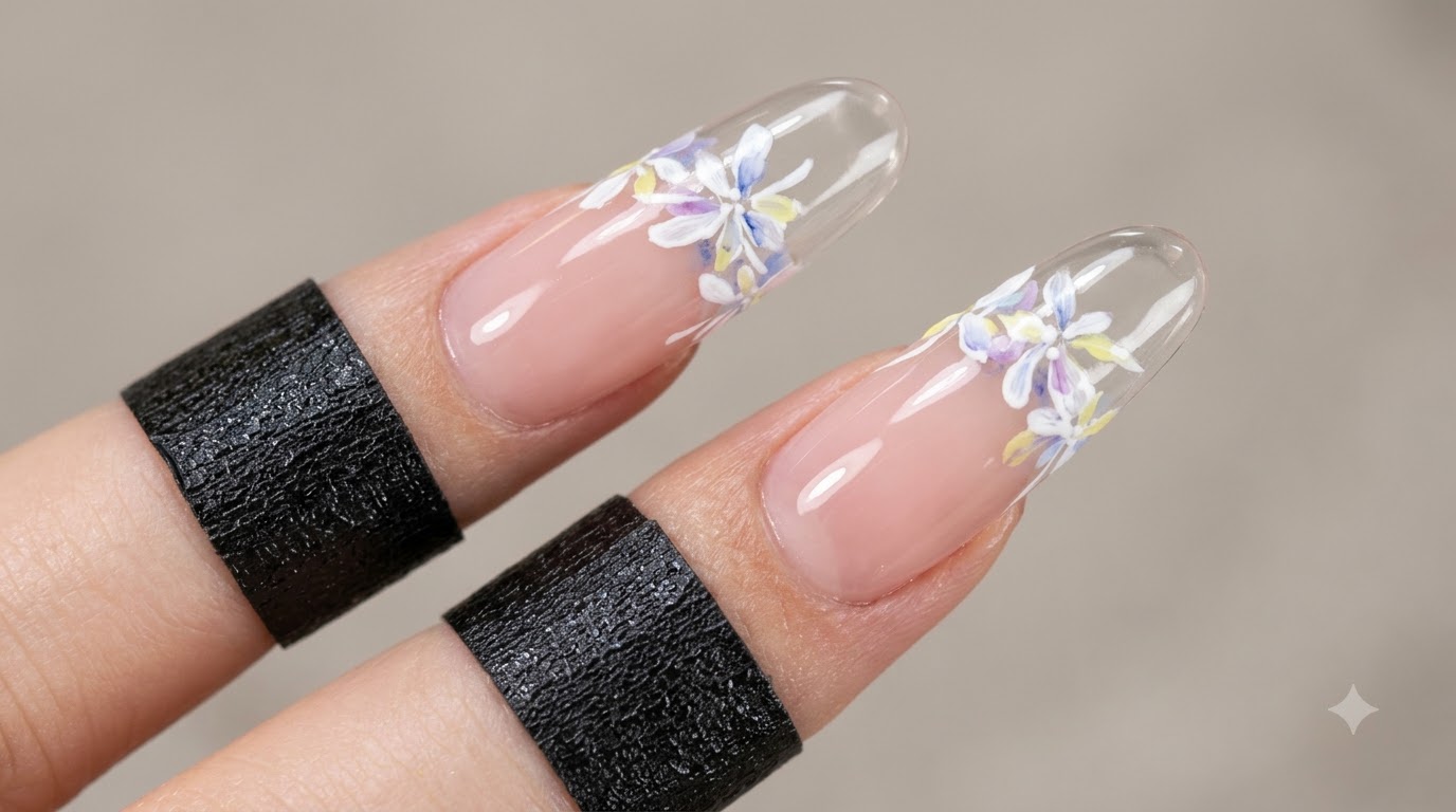 Punta Francesa Transparente con Arte Floral en Acuarela 3D: Tutorial Paso a Paso