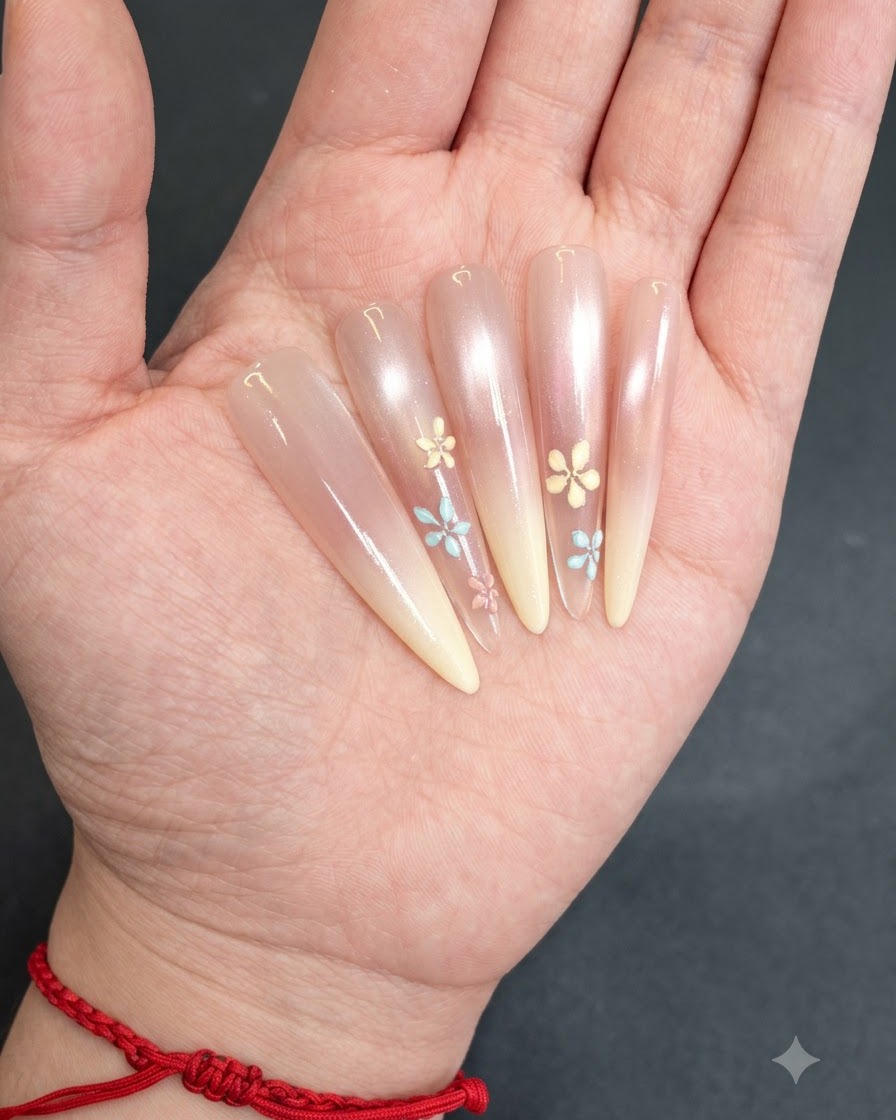 Uñas con diseños florales pintados a mano curándose bajo una lámpara.