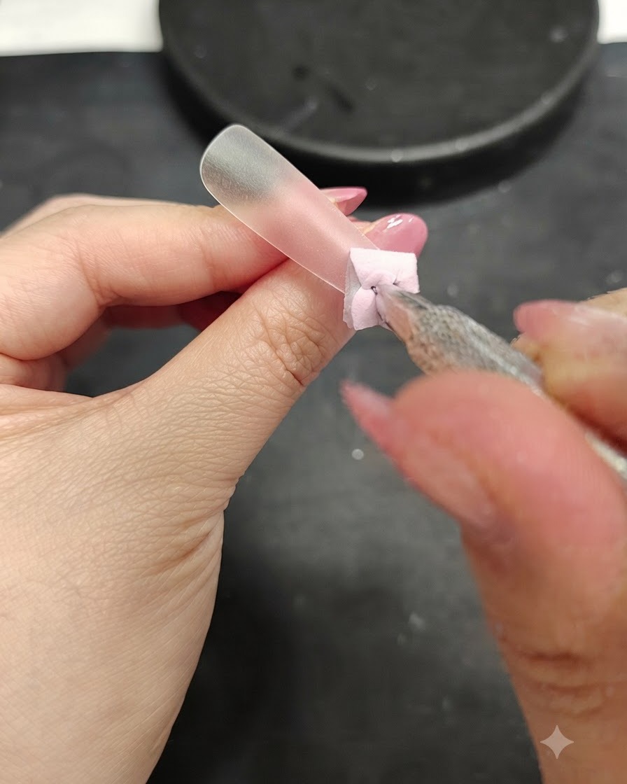 Un primer plano de una herramienta de uñas añadiendo detalles de retoque final a un pequeño pétalo de flor.