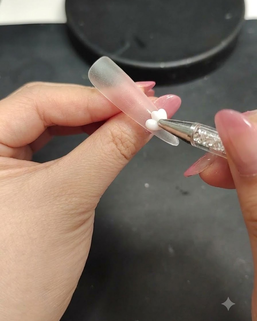 Un pincel aplicando una capa final de top coat sobre un diseño de uñas floral de primavera terminado.