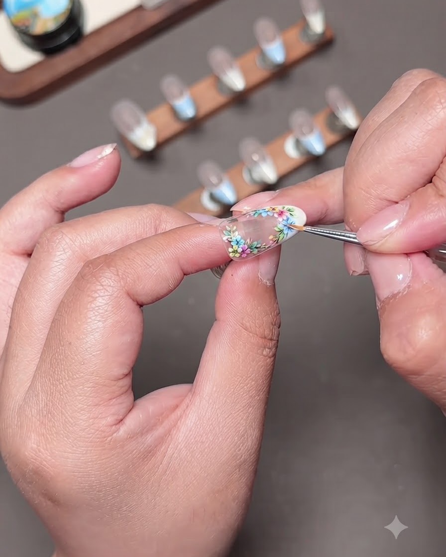 Una toma de primer plano de un pincel fino de arte en uñas refinando los bordes de pequeños adornos florales en una uña postiza.
