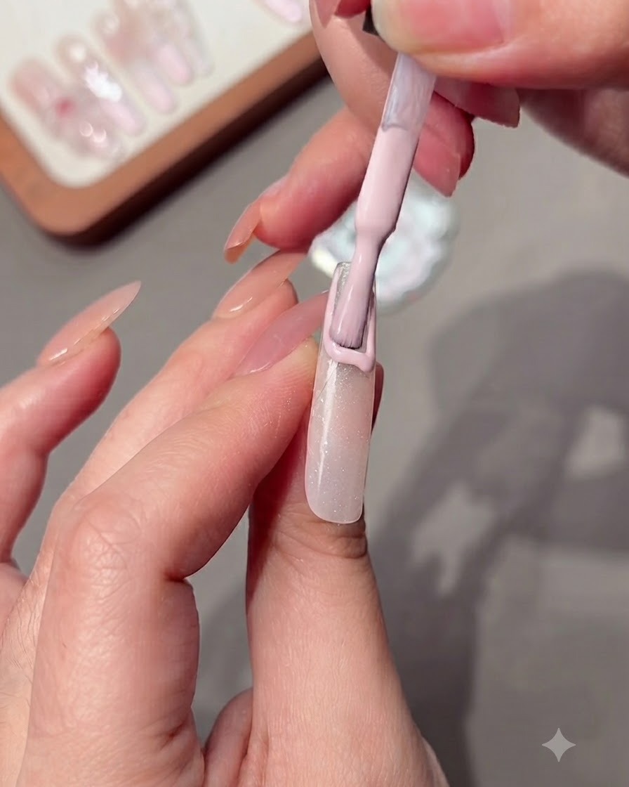 Esmalte en gel rosa nude siendo aplicado a lo largo de la pegatina de guía.