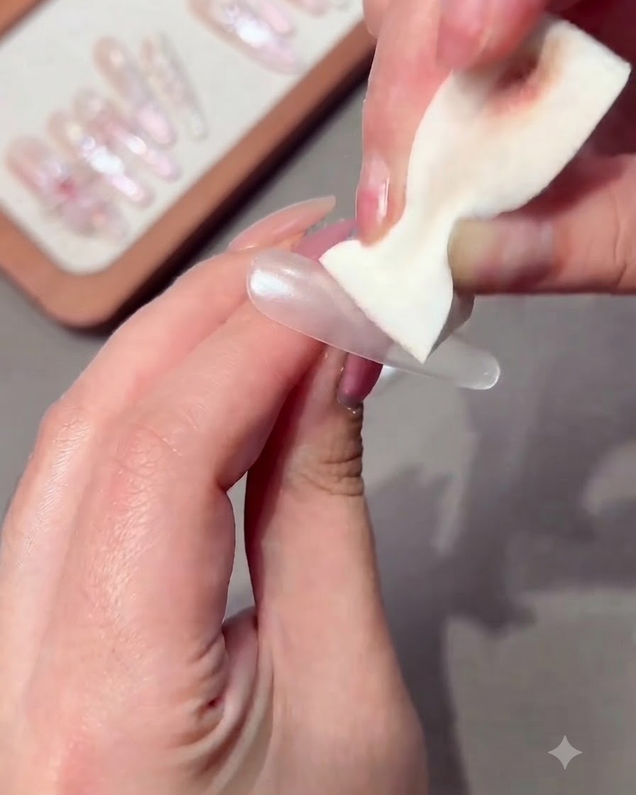 Una mano aplicando gel rosa nude en la mitad de una uña larga.