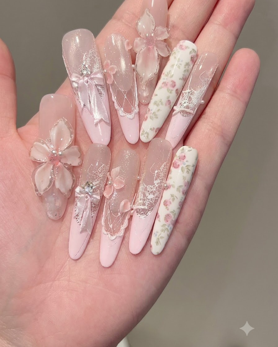 Una mano sosteniendo una lima de uñas rosa, alisando y puliendo la superficie de una uña larga terminada.