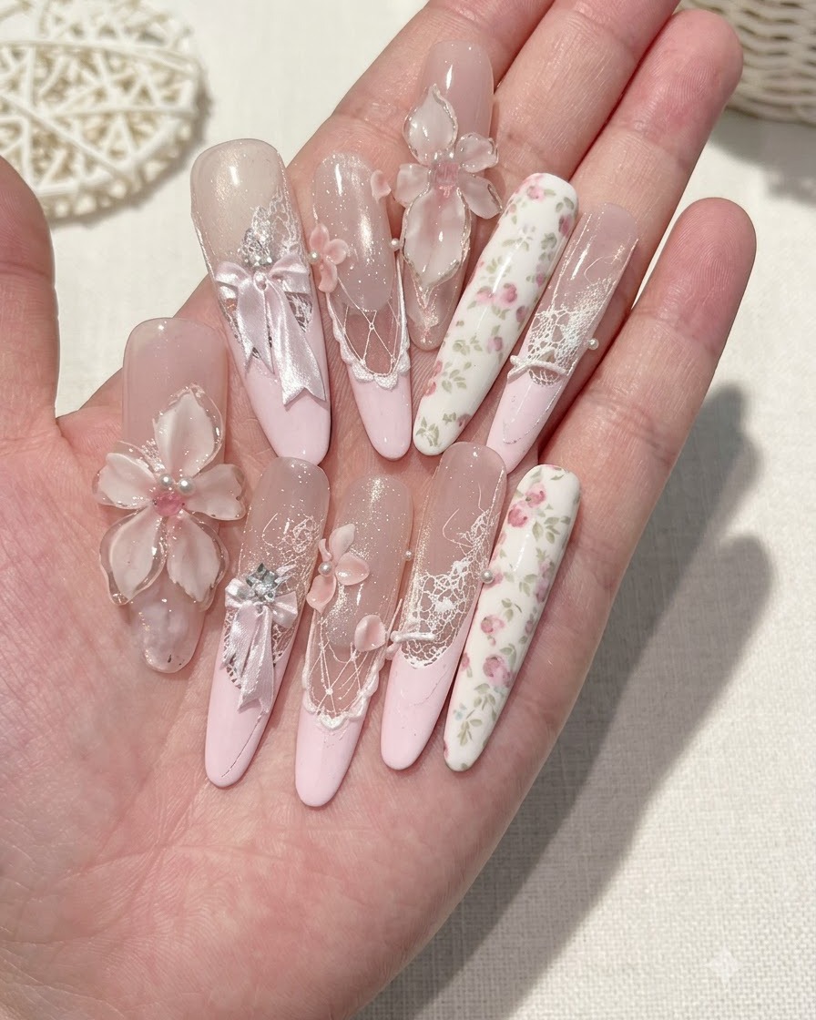 Primer plano de un diseño terminado de uñas largas y rosas con flores, sostenido en la palma abierta.