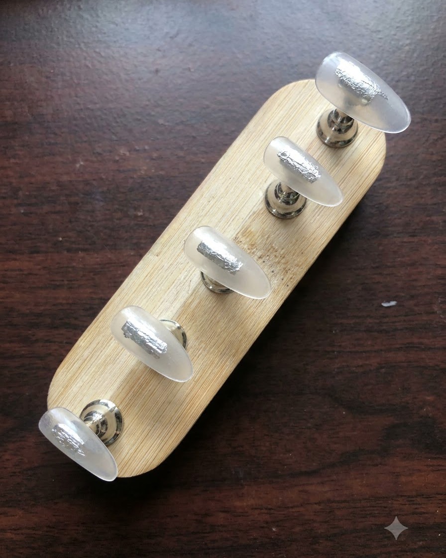 Cinco tips de uñas postizas transparentes asegurados firmemente a un soporte de exhibición de madera con masilla adhesiva plateada.