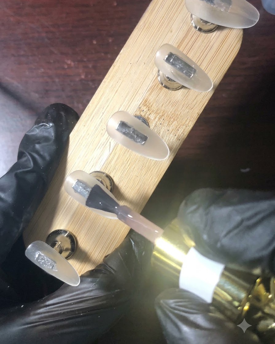 Un primer plano de un pincel aplicando esmalte en gel amarillo brillante en la punta de un tip de uña postiza.