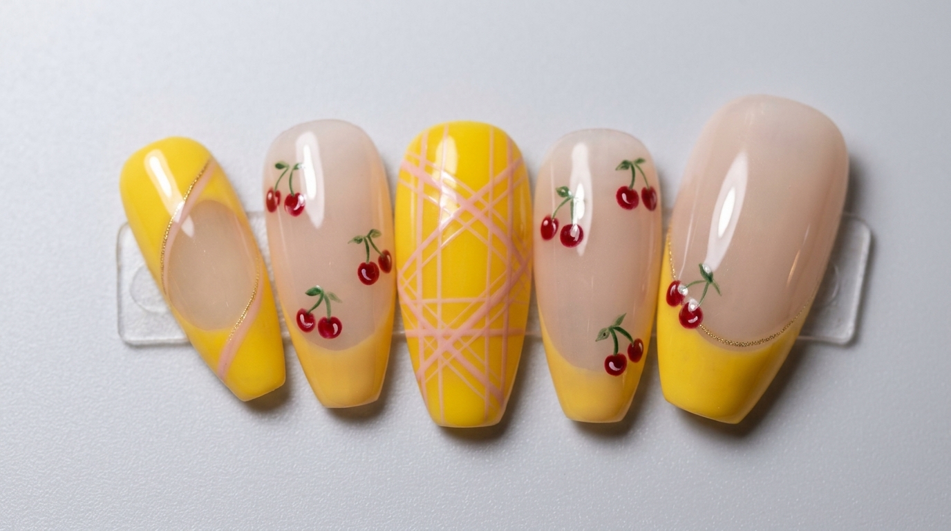 Uñas Postizas con Francesa Amarilla, Cuadros y Cerezas — Tutorial Paso a Paso