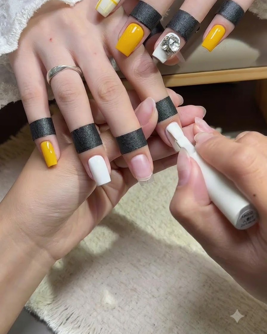 Una brocha de uñas aplicando una capa uniforme de esmalte en gel blanco opaco sobre la uña del dedo medio.