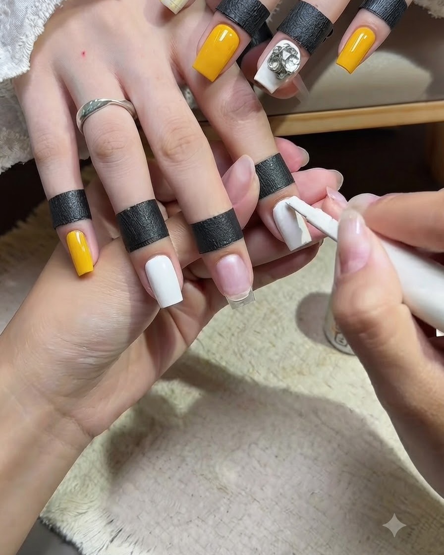 Un técnico de uñas aplicando esmalte en gel blanco opaco a una uña larga y cuadrada del dedo anular, mientras que las otras uñas tienen un color amarillo sólido.