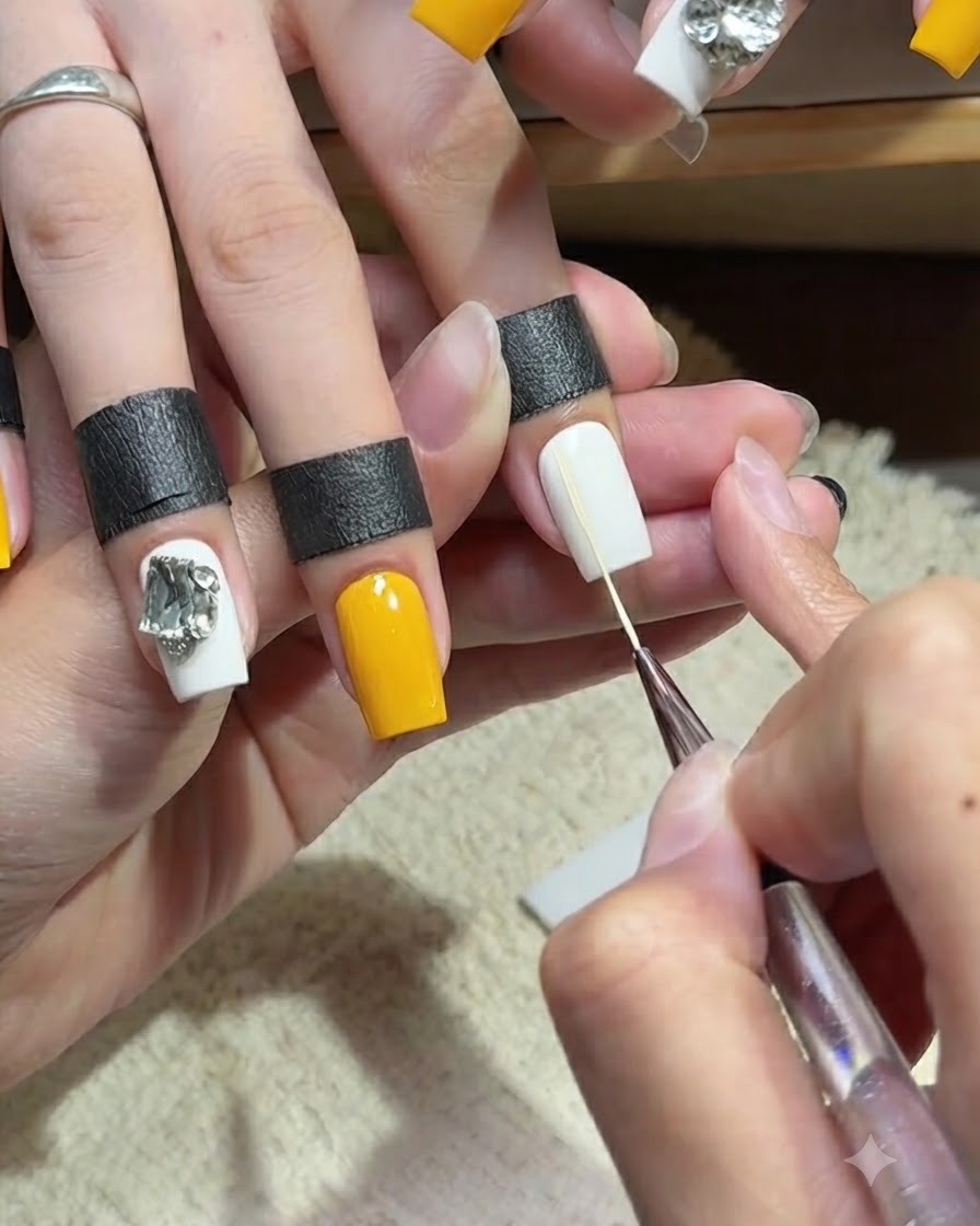 Un pincel fino para detalles de nail art pintando una delgada raya amarilla sobre una uña del dedo anular de color blanco sólido.