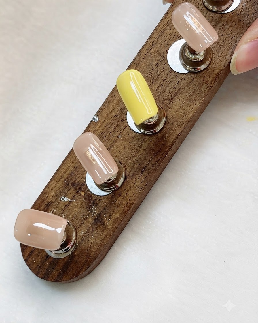 Tips de uñas que muestran una segunda capa brillante y opaca de esmaltes amarillo y nude.