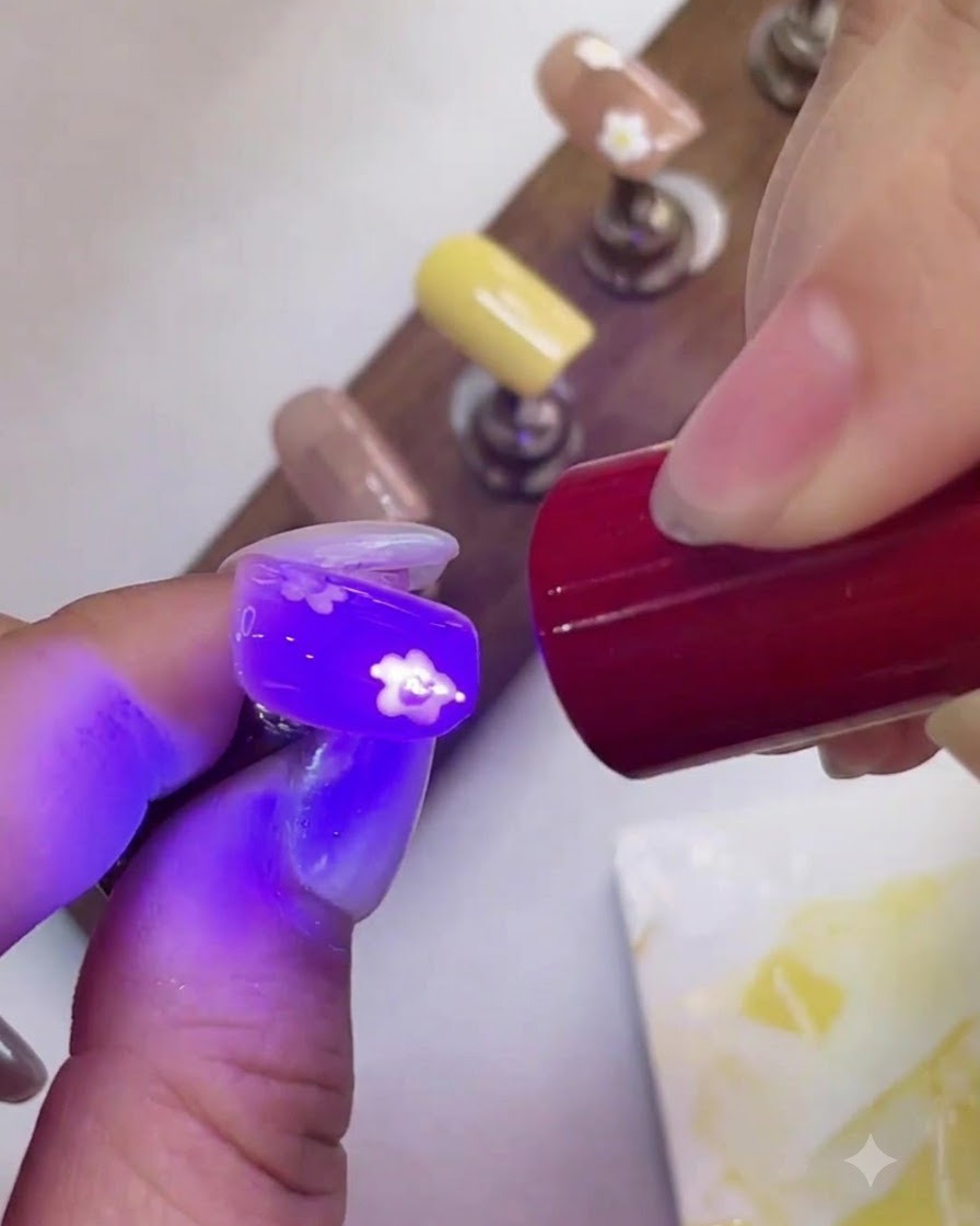 Una minilámpara UV portátil de color violeta curando el centro amarillo de una flor en una uña decorada.