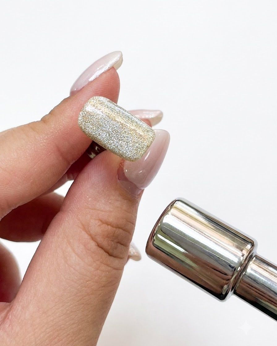 Una varita magnética de metal sostenida cerca de un tip con gel ojo de gato para alinear las partículas brillantes.