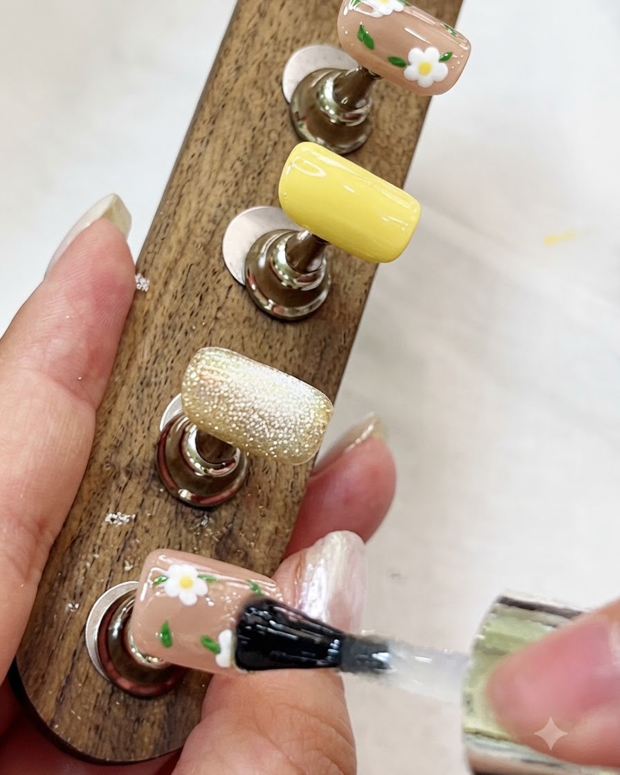 Un pincel aplicando top coat transparente y brillante sobre una uña pintada con flores en un soporte de madera.