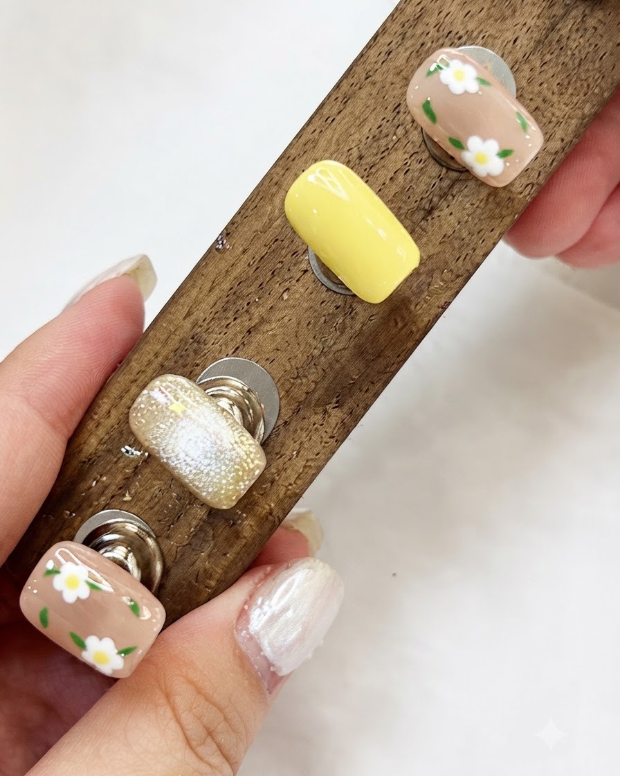 Un set completo de tips decorados con flores y efecto ojo de gato montados en su soporte de madera de exhibición.