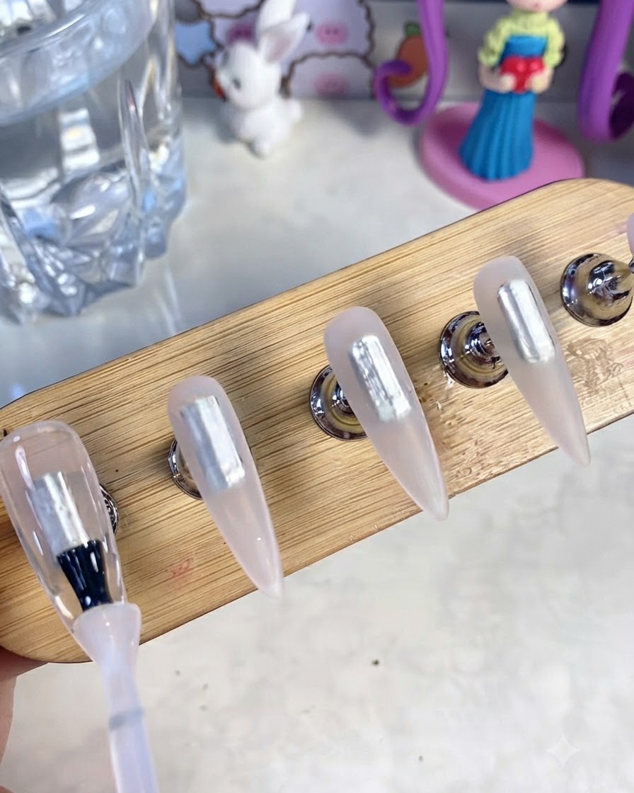 Un primer plano de un pincel de gel aplicando gel base transparente sobre tips de uñas artificiales en blanco montados en un soporte de madera.