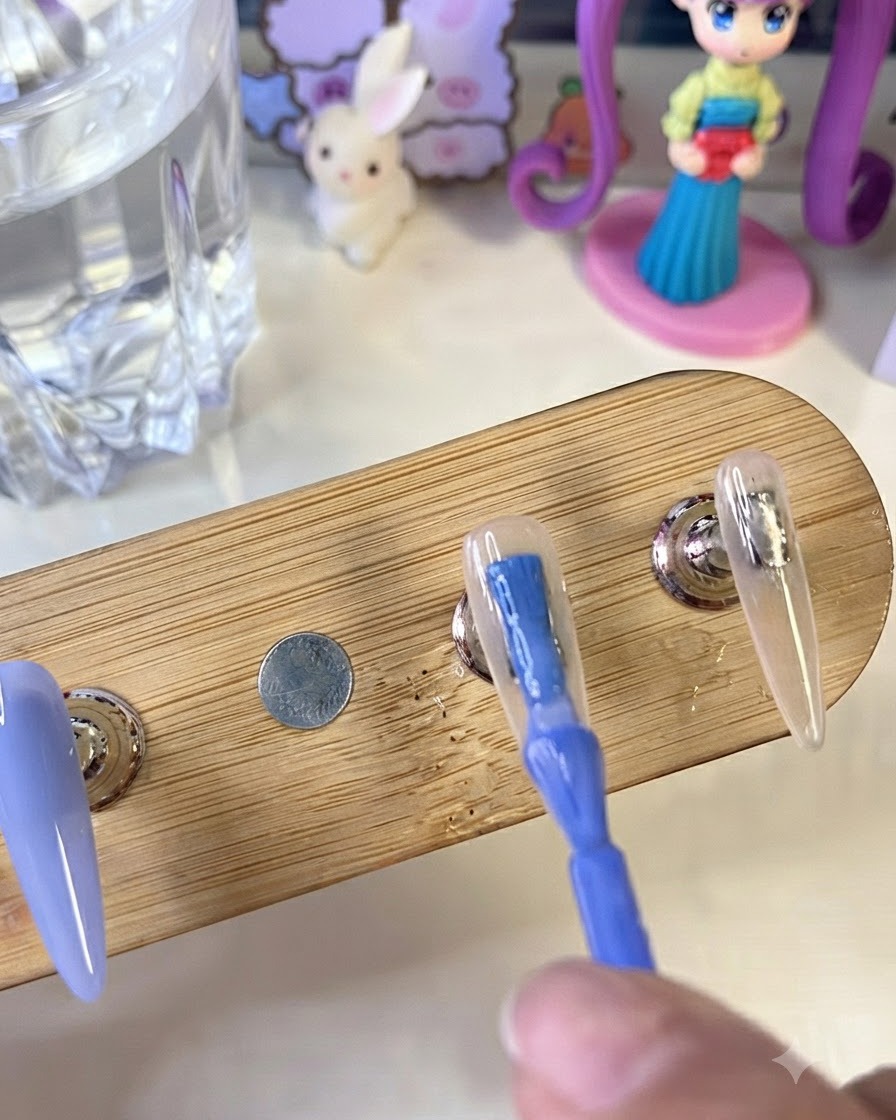 Un pincel aplicando esmalte de gel azul brillante a un tip de uña artificial en un soporte de madera, al lado de una uña pintada con base blanca lechosa.