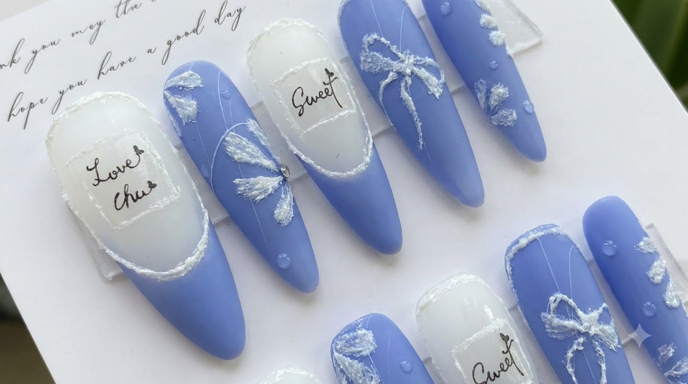 Exhibición del juego completo de uñas postizas con margaritas en azul y blanco, presentadas ordenadamente en un soporte decorado.