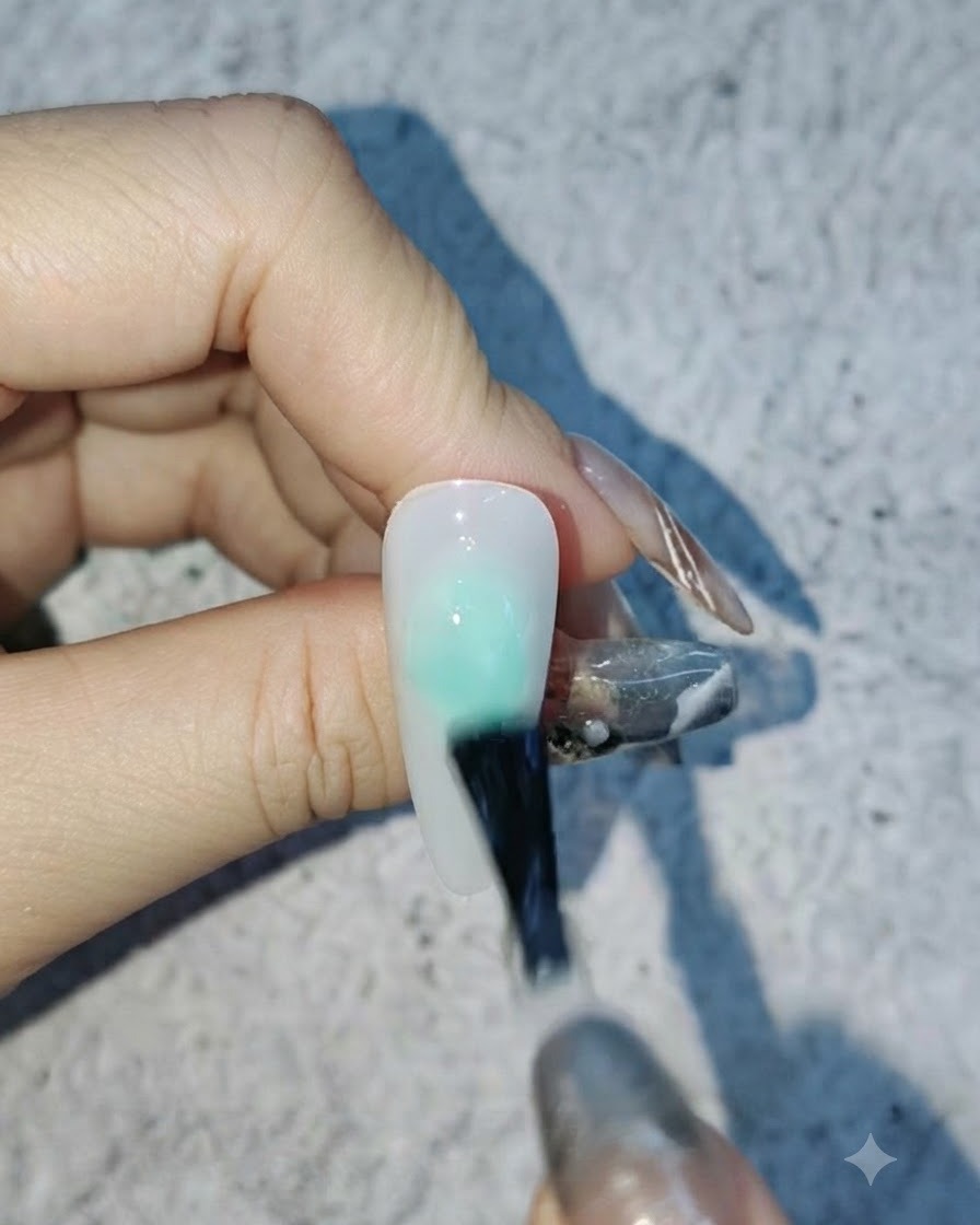 Un pincel aplicando una capa de top coat mate transparente sobre una superficie de uña pintada de blanco.